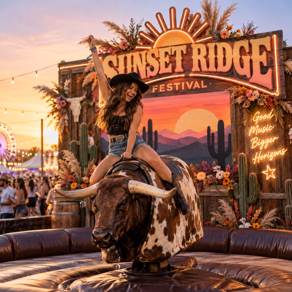 person riding a mechanical bull at against giant colorful letters spelling Sunset Ridge a signature festival Instagram spot