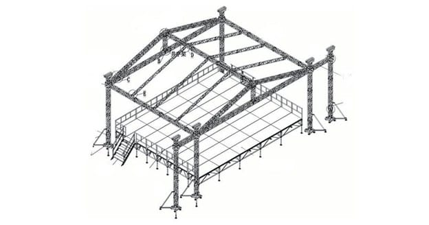 Structural diagram of a ground-supported stage roof system showing towers, roof trusses, bracing, and stage deck