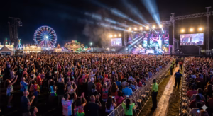 nightime fair crowd viewing main stage lineup
