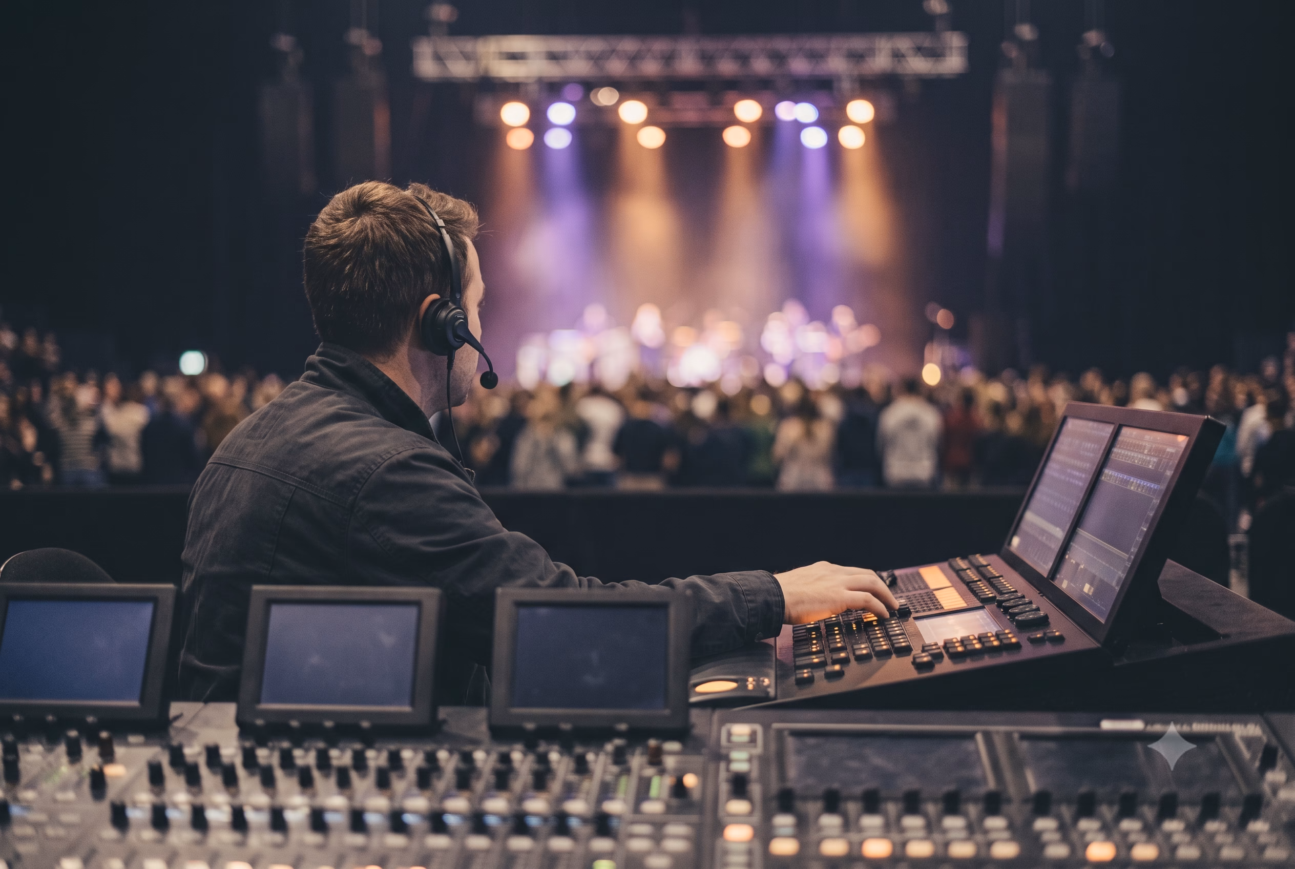 Production manager in a headset watching the stage from the front-of-house console during a show