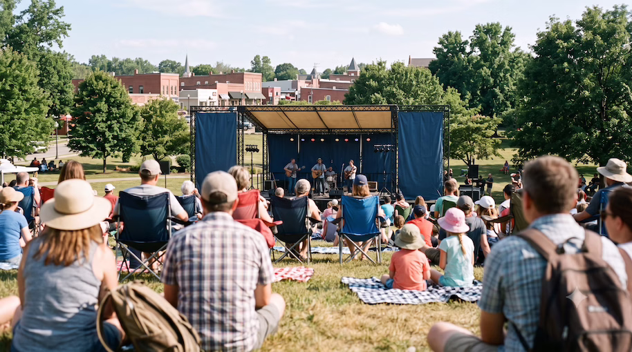 Families seated on the grass in front of a modest outdoor stage at a community festival