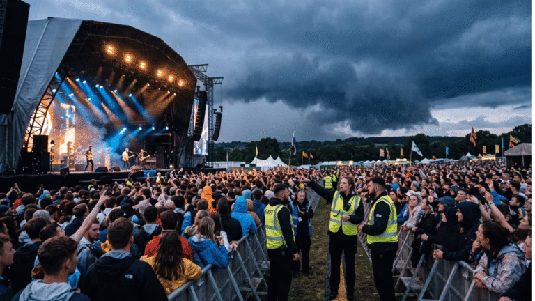 Outdoor music festival with a large crowd as dark storm clouds approach behind the main stage.