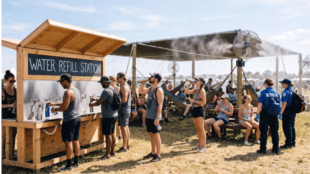 Festival attendees use water stations and shaded cooling areas during extreme heat.