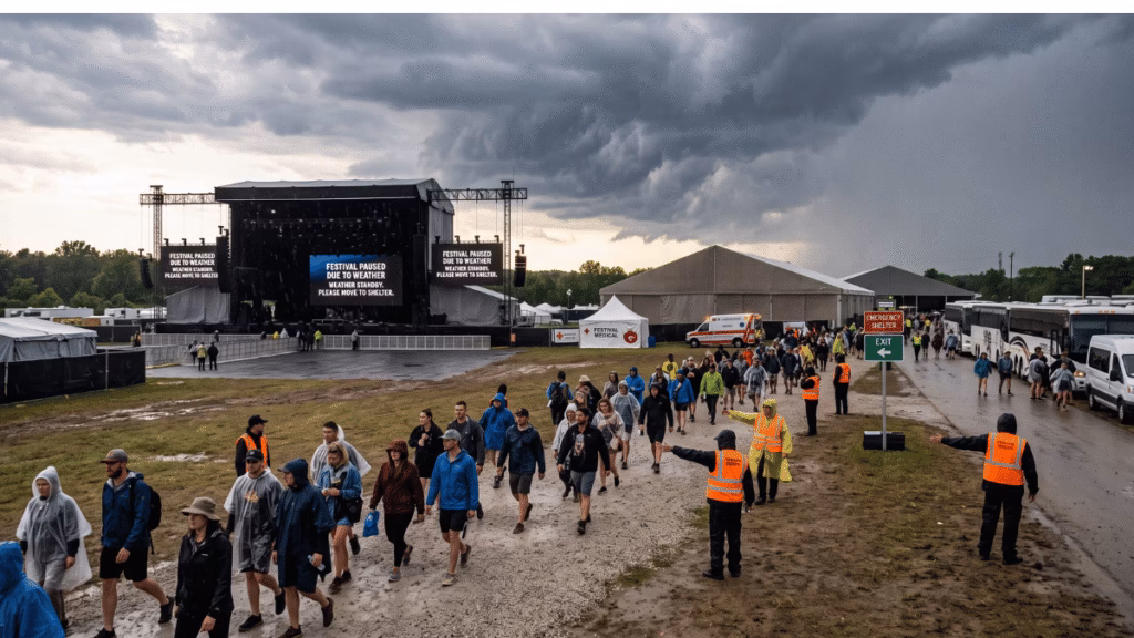 Festival staff direct attendees toward enclosed shelter as thunderstorms approach the venue.