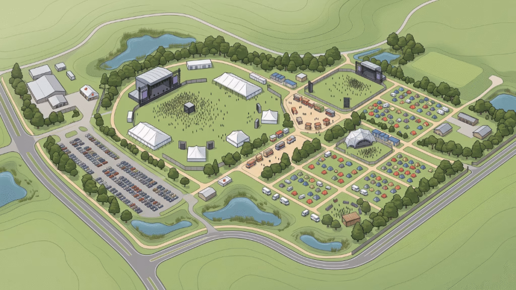 Illustrated festival site showing stages, camping, access routes, drainage areas, and shelter locations considered during weather planning