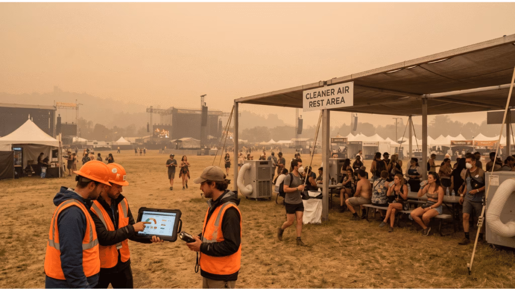 Smoke haze reduces visibility at an outdoor festival while staff monitor air quality and provide protected rest areas.