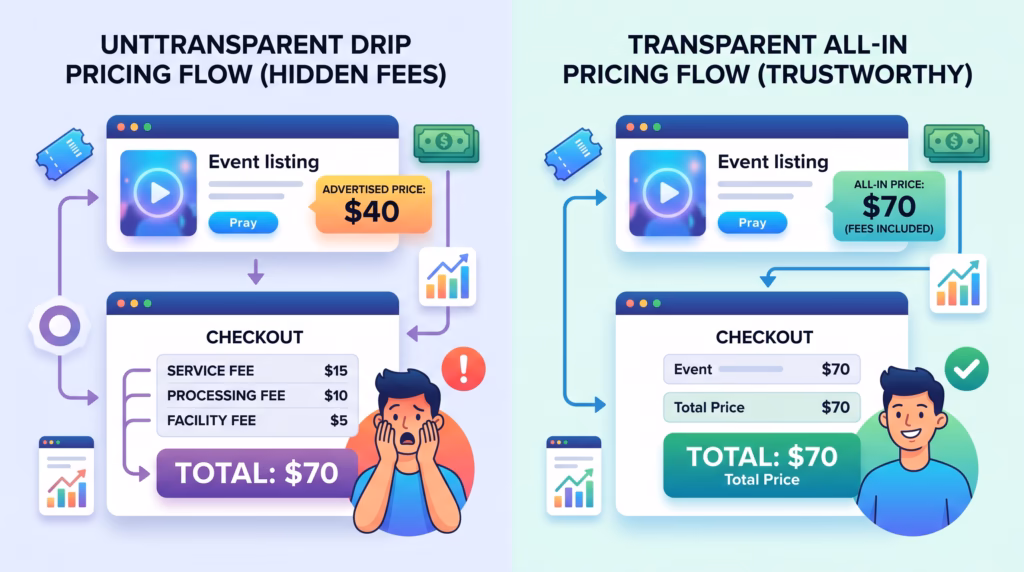 Graphic comparing base ticket pricing with all-in ticket pricing that shows the full cost upfront