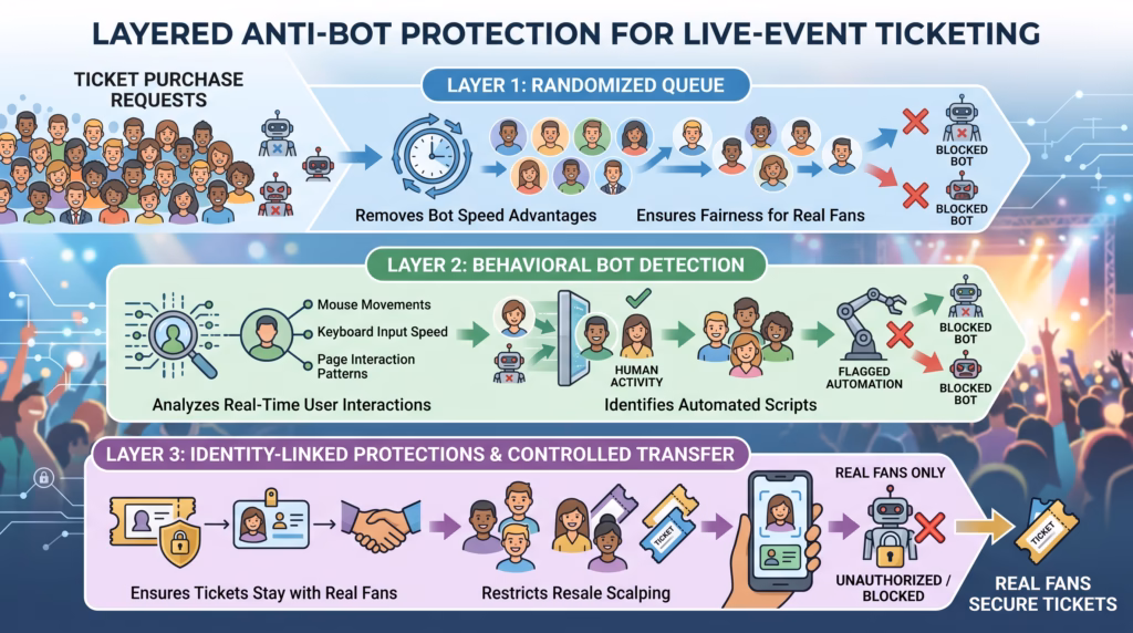 Infographic showing layered anti-bot defenses including randomized queues, behavioral detection, and controlled ticket transfer