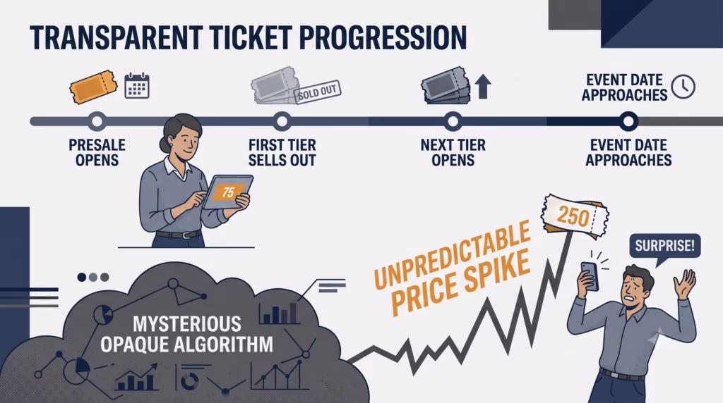 Ticket prices increase at announced milestones such as the end of a presale or a tier selling out, contrasted with an unexplained algorithmic price spike.
