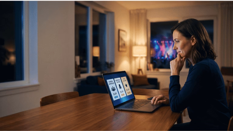 Adult concertgoer compares general admission, reserved seating, and VIP ticket options on a laptop while a live concert plays in the background.