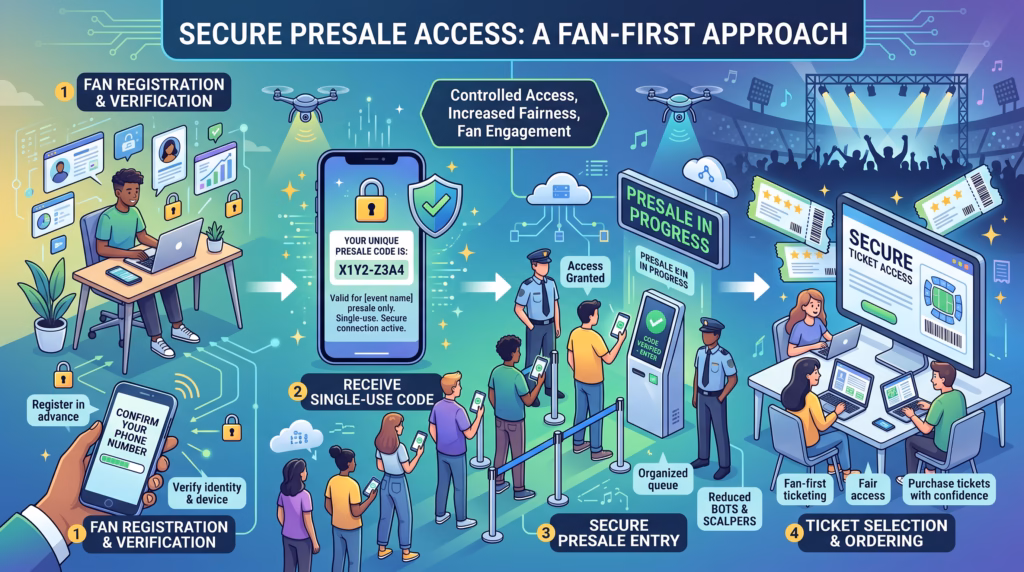 Illustration showing secure presale registration and verified fan access for a live-event ticket sale