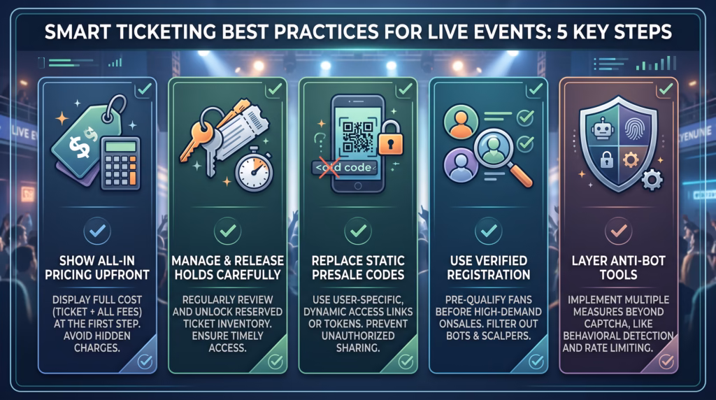 Checklist graphic summarizing best practices for pricing transparency, ticket holds, presales, and anti-bot tools