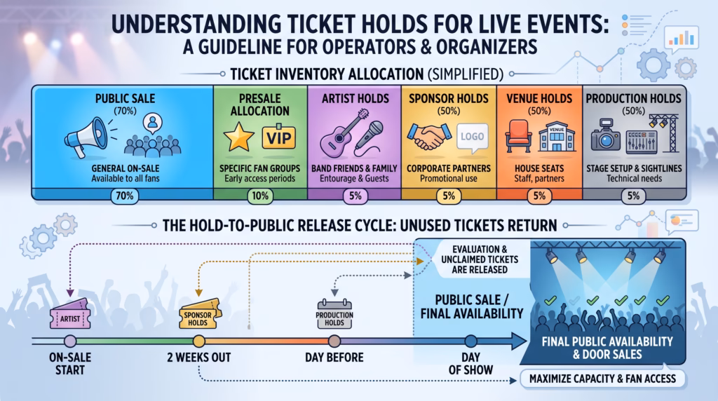 Diagram showing ticket inventory holds for presale, artist, venue, and public sale with scheduled release of unused tickets