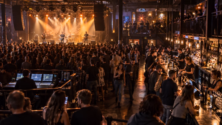 Mid-size concert venue showing the stage, FOH position, audience circulation and active bar operations during a live show.