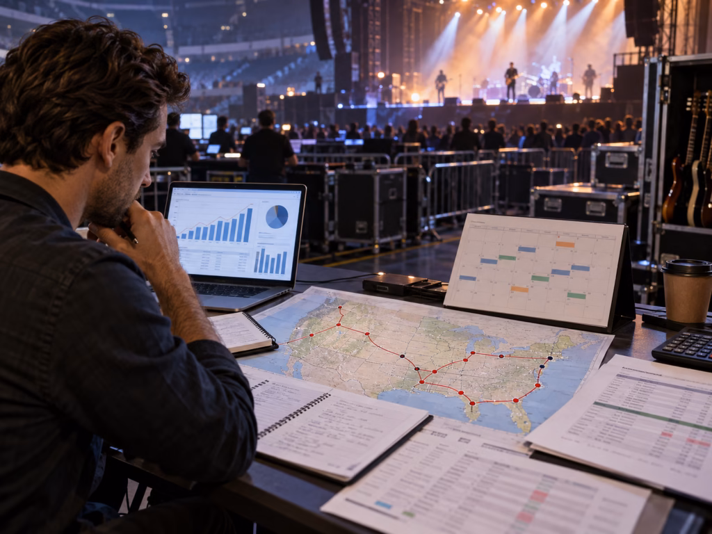 Concert booking professional reviewing tour routes, performance dates, and projected ticket sales to assess headliner booking costs.