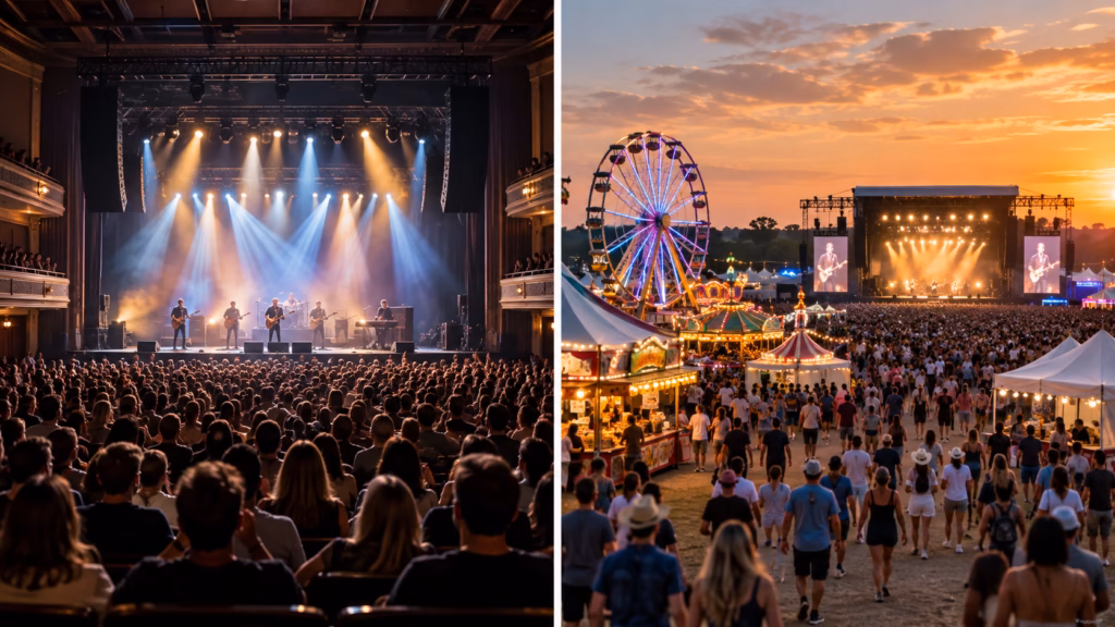 Comparison of a packed indoor concert venue and an outdoor fair with a headline concert, illustrating different entertainment booking environments.