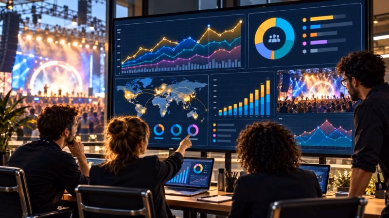 Event marketing team reviewing audience growth, engagement, traffic, and campaign performance dashboards while a live event takes place nearby.