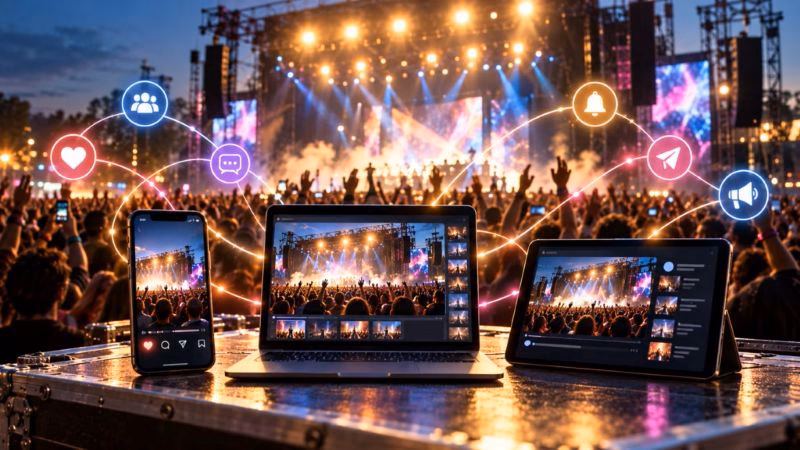 Smartphone, laptop, and tablet promoting the same live event across multiple channels as social sharing and notifications amplify pre-event buzz.