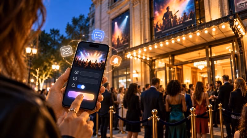 Attendee using a smartphone to join an event notification list outside a venue before the entertainment announcement and ticket sale.
