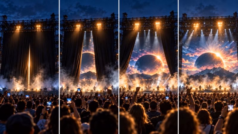 Four-stage concert teaser sequence showing stage curtains gradually opening from mystery to full event reveal as audience anticipation builds.