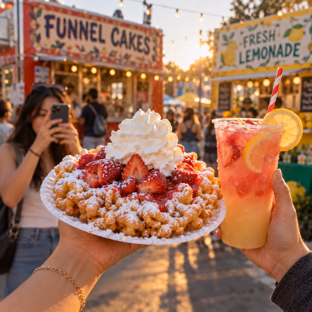 Attendees holds up a strawberry funnel cake and layered lemonade in front of festival food trucks