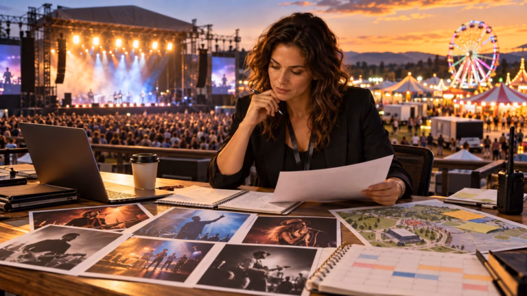 Entertainment buyer reviewing artist options, budgets, and schedules for a concert or fair and festival headliner.