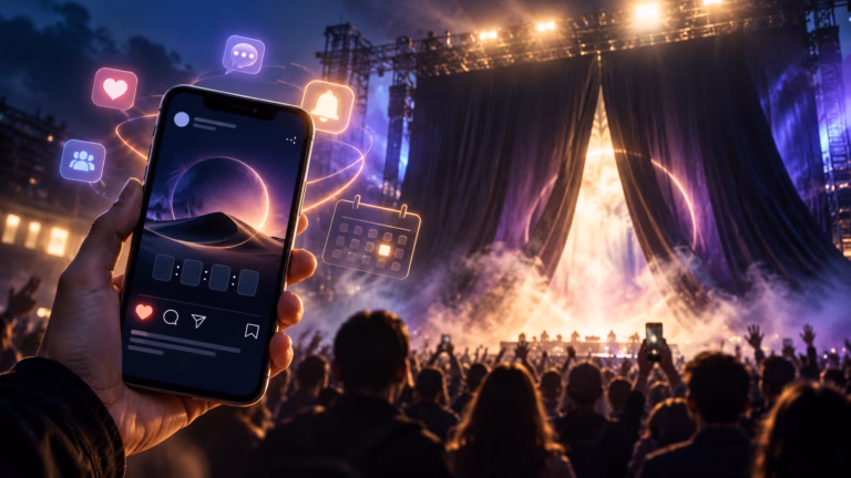 Featured image illustrating pre-announcement event marketing, with a smartphone teaser campaign, audience engagement icons, and a concert stage building anticipation before the reveal.