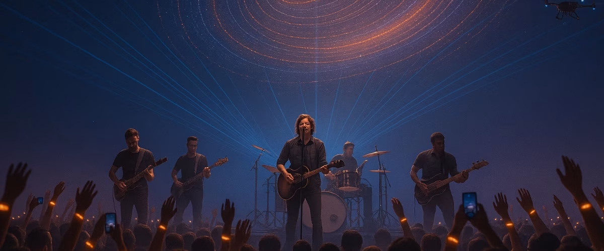 Future of in person concerts band on stage using real time augmented technology